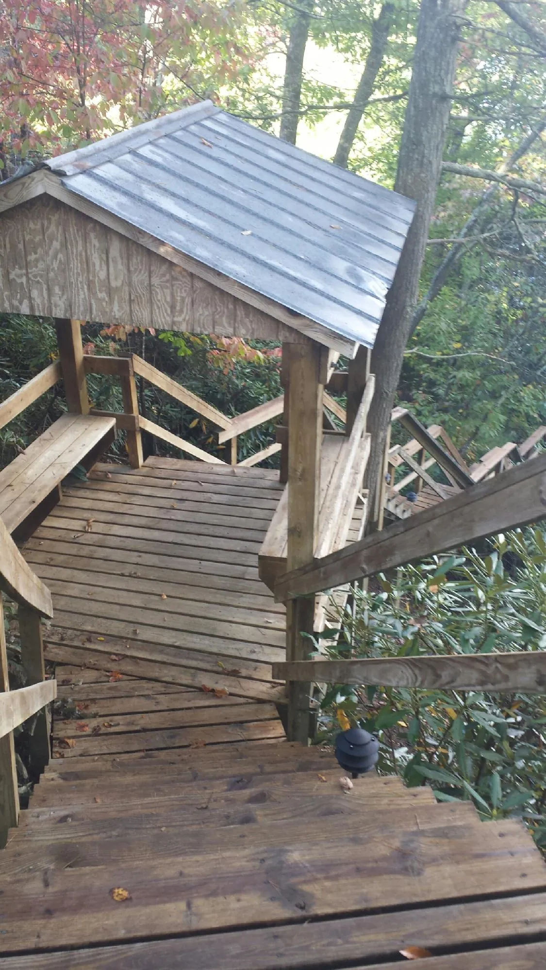 Metal roofed shelter over wooden steps on a wooded walkway — Skylight Repair & Installation work by our crew in Browerville